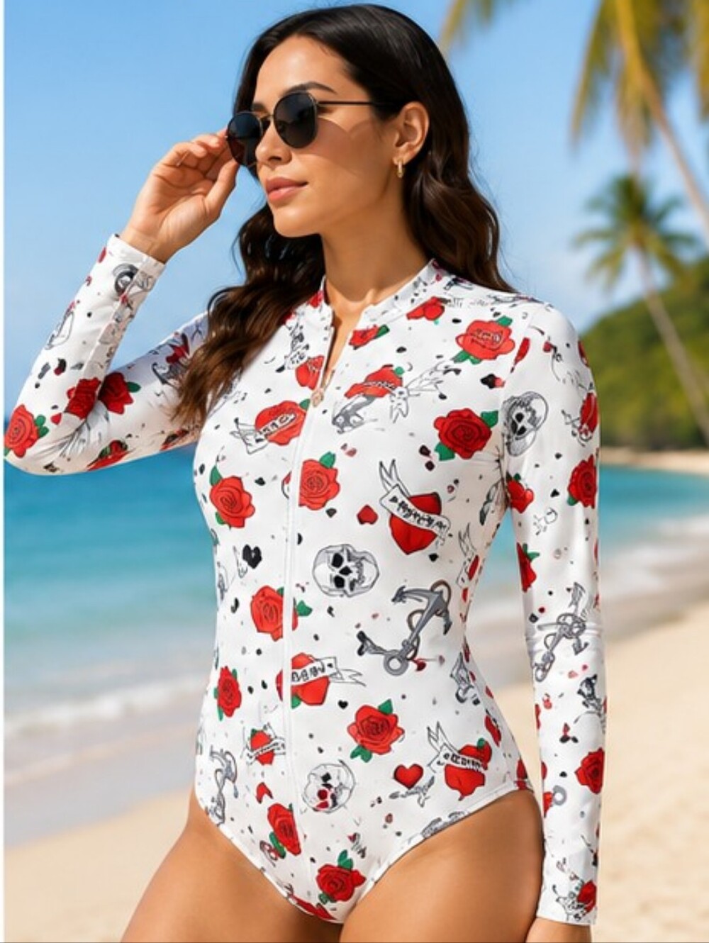 AS ROSE RICH RASH GUARD SWIMSUIT Roses & Skull White Long-Sleeve SIZE Medium NWT - Picture 5 of 6